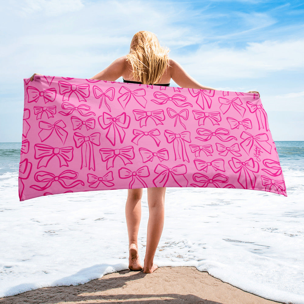 ribbon illustration pattern beach towel pool accessories summer bachelorette gifts cute trendy preppy coquette lindsey kay collective sorority pink bows